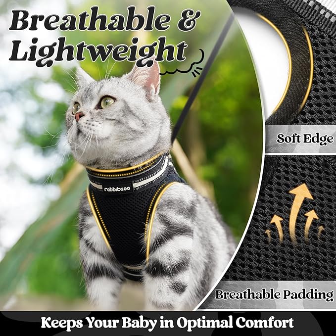 rabbitgoo Cat Harness and Leash Set for Walking Escape Proof, Adjustable Soft Kittens Vest with Reflective Strip for Cats, Comfortable Outdoor Vest, Black, S