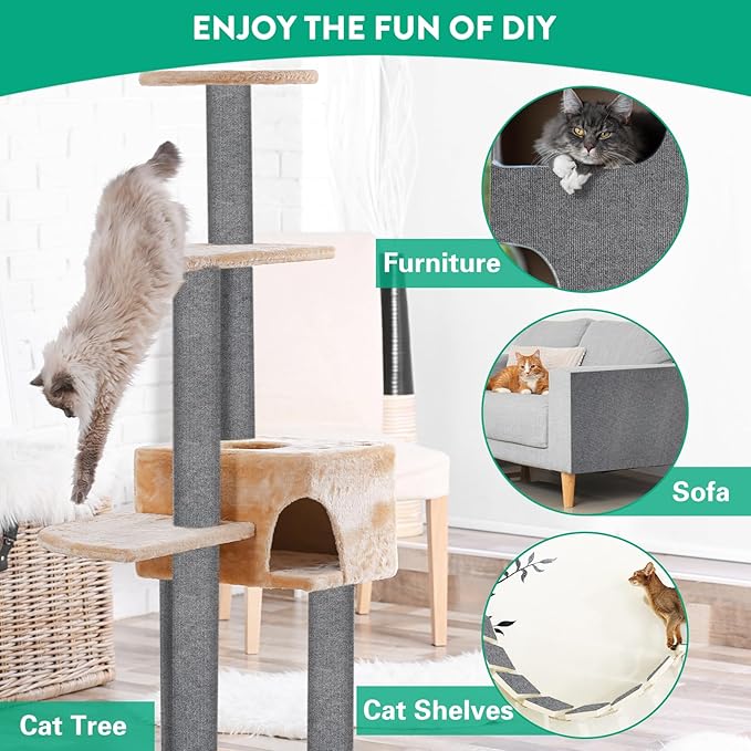 Trimmable Cat Scratcher Mat 2PCS, 78.7"x15.8" Self-Adhesive Scratching Carpet Pad Replacement for Cat Tree Shelves, Steps and Posts, DIY Scratch Couch Furniture Protector