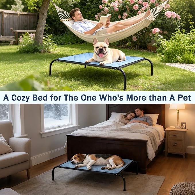 SZEE Raised Dog Bed with Detachable 2-Sided Cooling/Warming Waterproof Mat, Elevated Dog Cot Bed for Medium Sized Breeds with Durable Steel Frame & Sturdy Teslin Mesh, Outdoor & Indoor All-Season Use