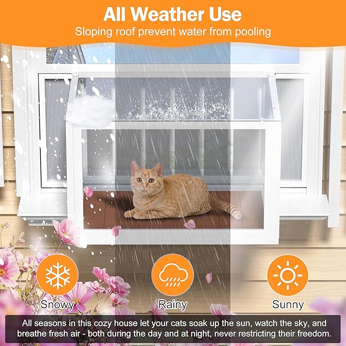Cat Window Box Catio, Outdoor Indoor Cat Enclosure with Clear Panels, Mesh Sides & PVC Curtain, Universal Window Perch for Windows 25"–43", Window Catio for Sunbathing, Napping & Overlooking,Walnut