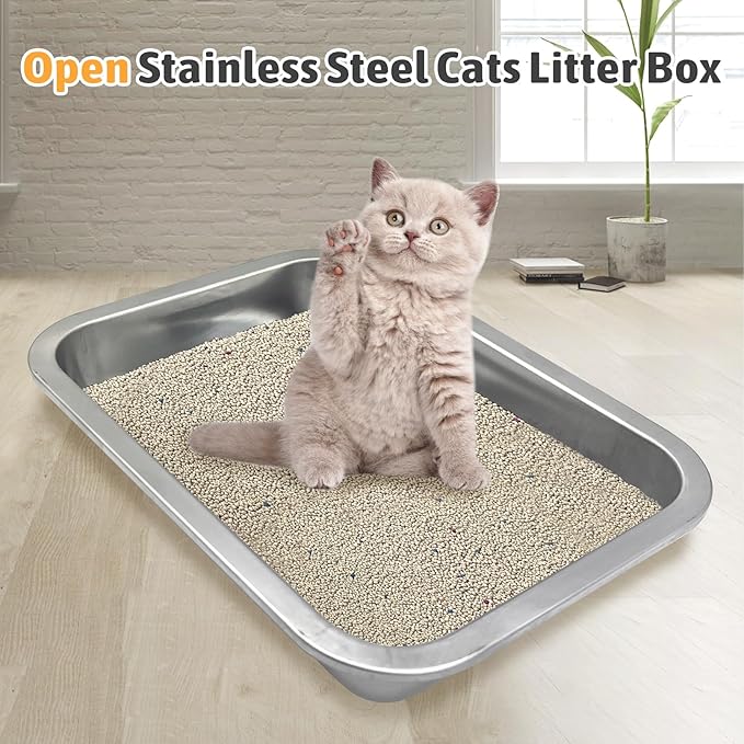 Fhiny 4Pack Stainless Steel Kitten Litter Box, Small Size Low Entry Metal Cat Open Litter Pan Potty Kitten Training Toilet Odor Control Smooth Surface (L: 14" L×10" W×1.7" H)