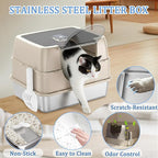 Enclosed Cat Litter Box with Flip-Top Lid, Stainless Steel Large Covered Litter Box, High Sided Metal Litter Pan with Litter Scoop & Mat, Odor Control, Leak Proof, Easy Cleaning, White