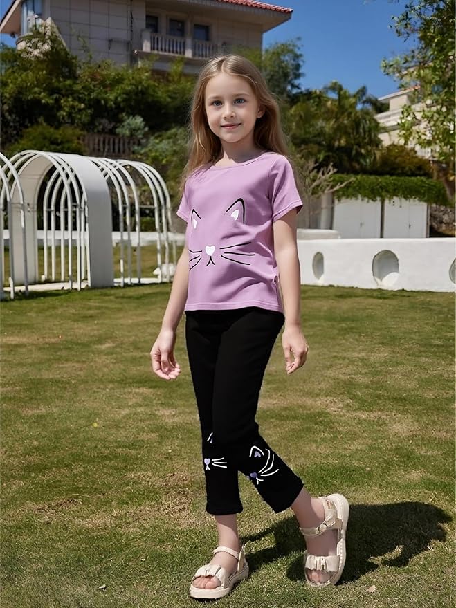 4-8T Toddler Girl Clothes Cat face print Short Sleeve Top+Pants Outfits Girl Spring and summer 2-Piece Set