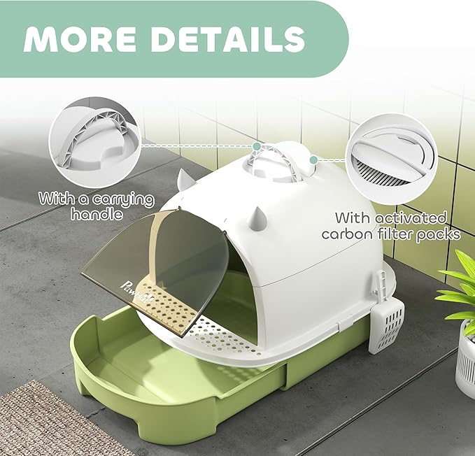 PawHut Cat Litter Box, Covered Kitty Litter Box with Lid, Scoop, Deodorizing Bags for Odor Control, Privacy, Portable, Easy to Clean, Green