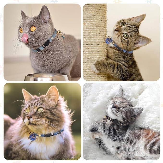 3 Pack Breakaway Cat Collars with Bell- Moon and Stars Pendant Cat Collar for Girl Boy Cats with Safety Buckle- Cute Kitten Collar Adjustable 8"-12" for Kitty Puppy Small Pets