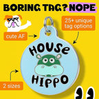 Bad Tags Personalized Dog and Cat ID Tags in 25+ Designs and 2 Sizes - 5 Lines of Custom Engraved Text - Funny Cute Personalized Pet Tags (House Hippo - Blue, Small (1 inch))