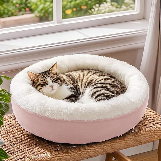 Love's cabin Round Donut Cat and Dog Cushion Bed, 20in Pet Bed for Cats or Small Dogs, Anti-Slip & Water-Resistant Bottom, Super Soft Durable Fabric Pet Beds, Washable Luxury Cat & Dog Bed Pink