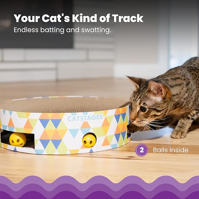 Catstages Bowl Track Scratcher Cat Ball-Track Toy, Corrugated Scratch, and Lounger All-in-One, Two Balls Included for Interactive Play, Multicolored