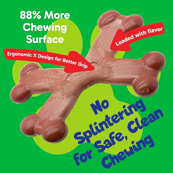 Chew’EMS X Bone Dog Chew Toy for Aggressive Chewers – Long-Lasting Bacon Flavor Nylon Bone – Durable, Rawhide-Free Dental Toy - Small Size – Made in USA