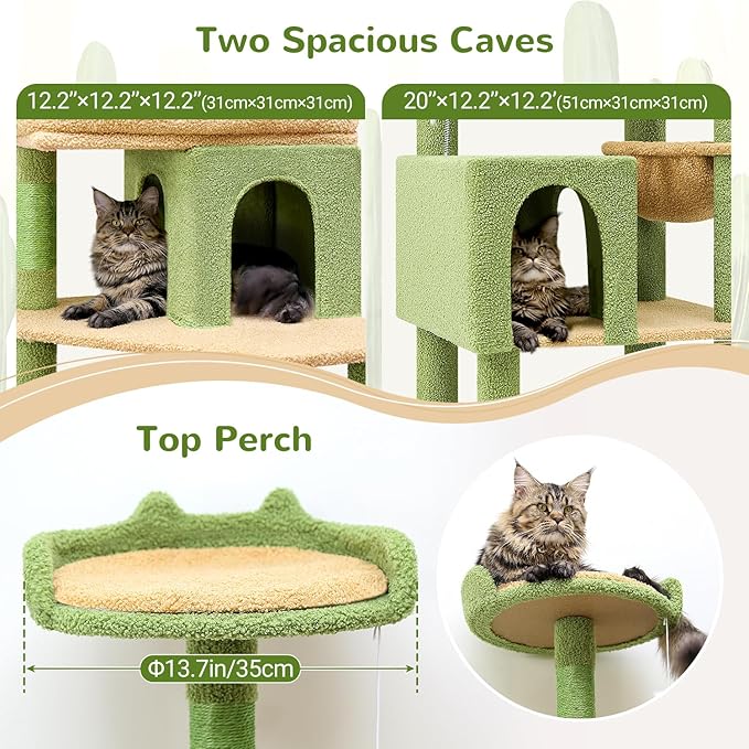 Globlazer Heavy Duty Cactus Cat Tree for Large Cats, Sturdy 72in Maine Coon Cat Tree for Large 20 lbs+ Cactus Cat Tower for Adult Biggest Cats with 6 Scratching Posts, Hammock, S72, Green