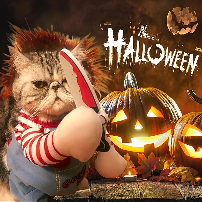 Pet Deadly Doll Dog Costume, Novelty Halloween Christmas Costumes Funny Dog Cosplay Outfits Cute Clothes for Small Medium Large Dogs Cats Party Dress Up Cool Puppy Costumes Scary Spooky Apparel Blue