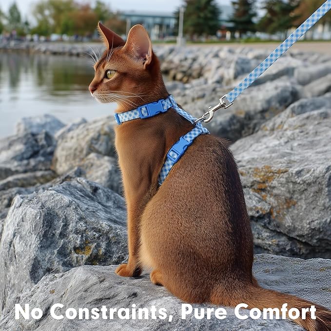 azuza Cat Harness and Leash Set for Safe Walking and Travel, Escape Proof Cat Harness, Lightweight Soft and Comfortable, Adjustable Kitten Harness for Small Medium Large Cats, Blue Plaid
