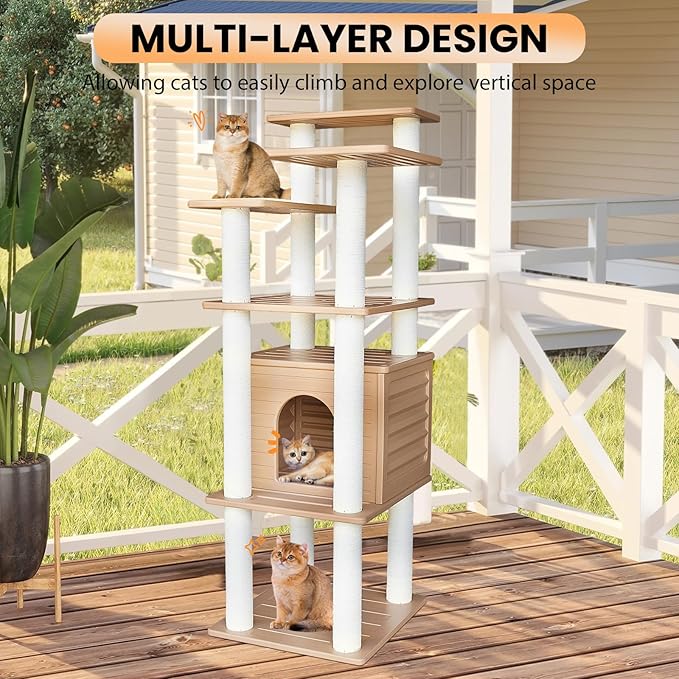62” Tall Cat Tree for Outdoor and Indoor Cats, Weatherproof Large Outdoor Cat Condo with Scratching Posts