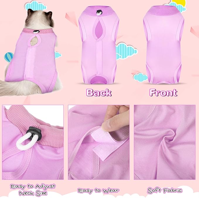 Nuanchu 3 Pieces Cat Recovery Suit Kitten Recovery Suit E-Collar Alternative for Cats and Dogs Abdominal Skin Anti Licking Pajama Clothes Sets (Medium,Solid Style,Purple Pink Blue)