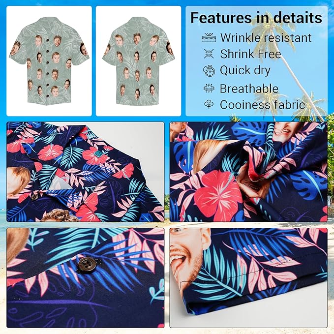 Custom Hawaiian Shirt with Face for Men, Unisex Tropical Beach Shirts Personalized Casual Funny Hawaii Button Down Shirts