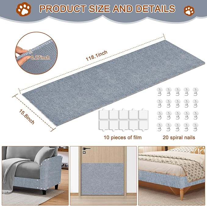 Cat Scratching Mat, 118.5"x15.9" Trimmable Self-Adhesive Cat Scratch Carpet, Couch Protector from Cats Claws, Furniture Corner Protectors for Cats, Indoor Furniture Protection for Chair (Light Gray)