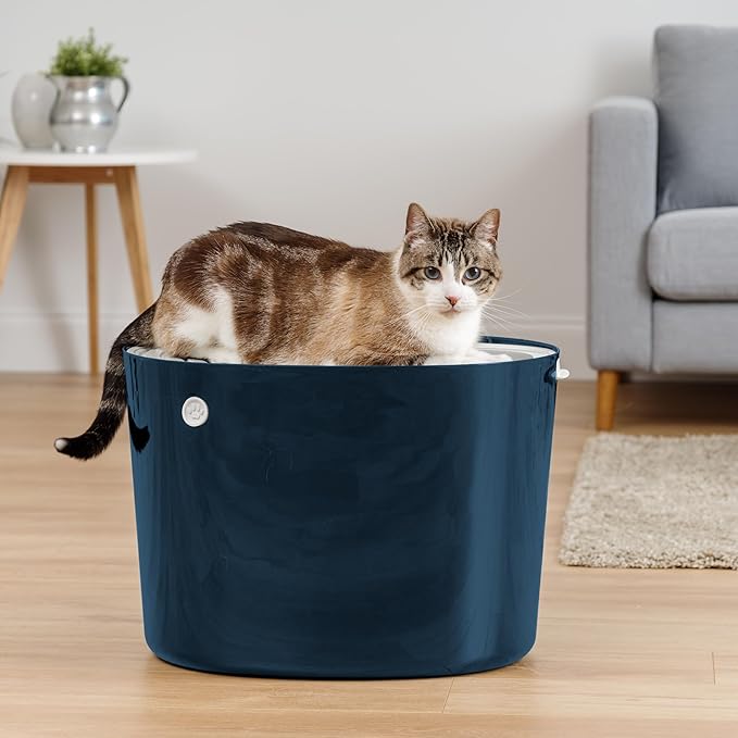 IRIS USA Cat Litter Box, Large Top Entry with Litter Catching Lid and Scoop, Dog Proof, Cat Box Enclosure, Navy/White