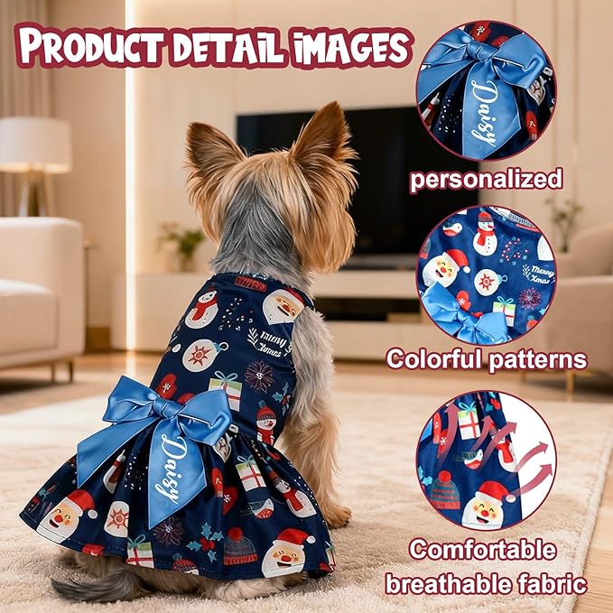 Personalized Dog Christmas Dress with Name, Custom Christmas Dress for Cat Girls, S-6XL Dog Winter Dress for Small Medium Large Dogs Xmas Outfit Birthday Gifts for Pet Girl(S)