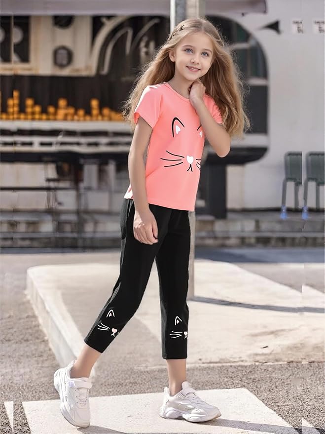 4-8T Toddler Girl Clothes Cat face print Short Sleeve Top+Pants Outfits Girl Spring and summer 2-Piece Set
