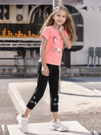 4-8T Toddler Girl Clothes Cat face print Short Sleeve Top+Pants Outfits Girl Spring and summer 2-Piece Set