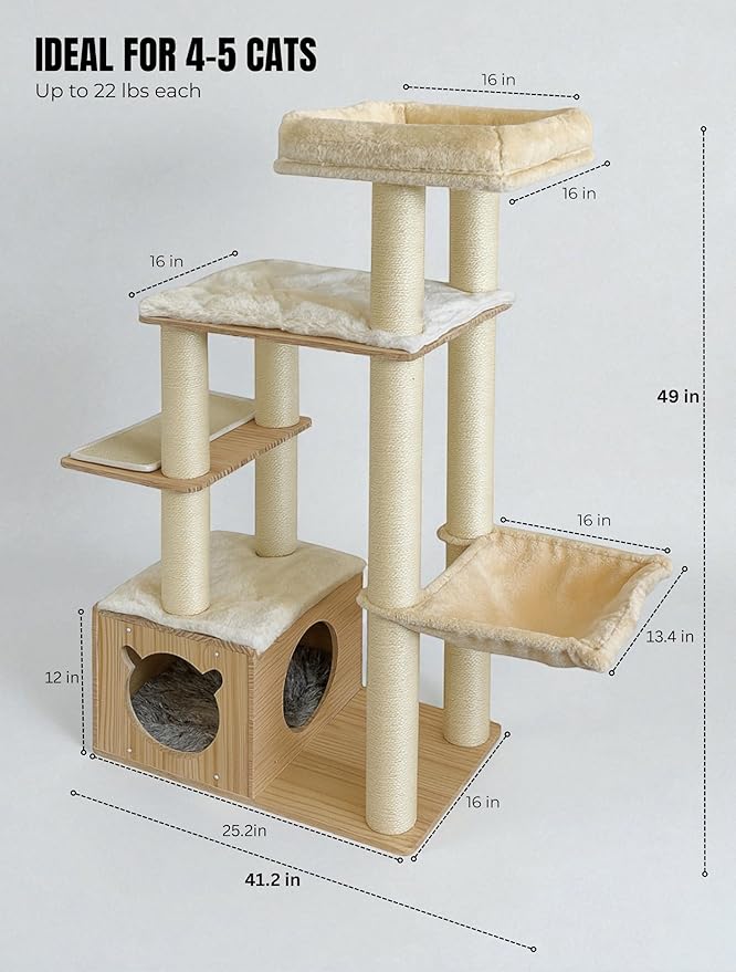 Multi-Level Pine Wood Cat Tree Tower for Indoor Large Cats - Solid Cat Condo House with Hammock - Sisal Scratching Posts - Sturdy Cat Furniture, 49", Beige
