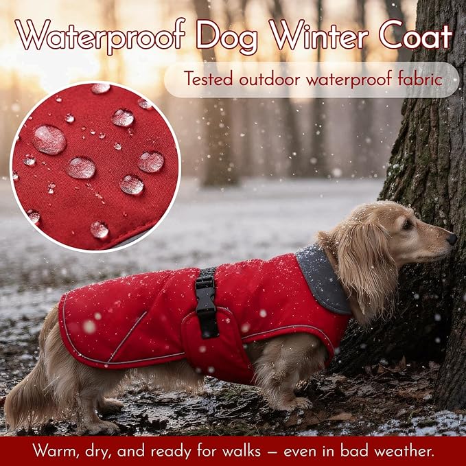 Waterproof & Windproof Dachshund Jackets with Adjustable Bands, Thick Weiner Vest Clothes for Large Sausage Dog, Weenie Winter Puffer Coat, Outdoor Snowsuit for Dachshunds, Small Medium Dog(Red, L)