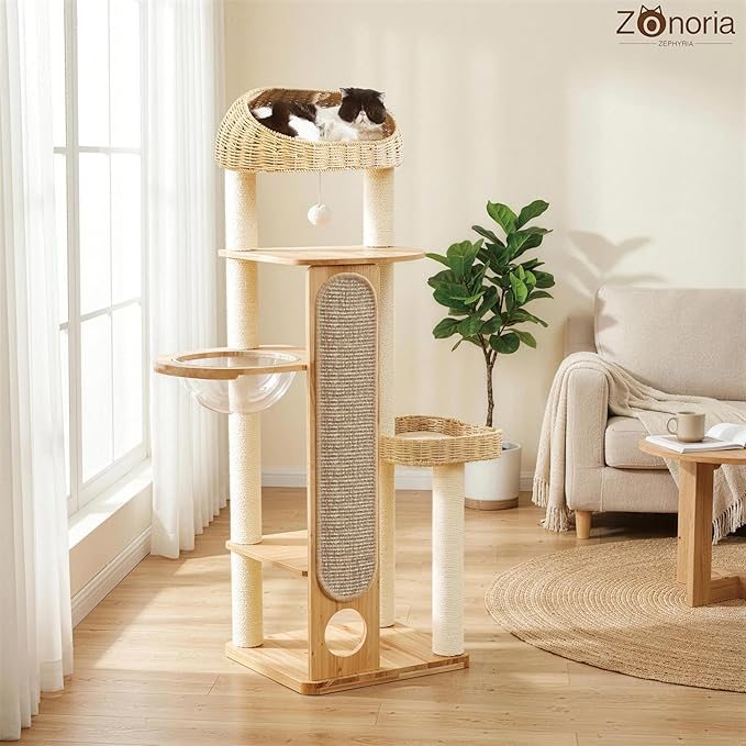 59-inch Cat Tree，Cat Tower with Scratching Post,Extra Long Sisal Blanket, Handwoven Basket & Space Capsule Nest
