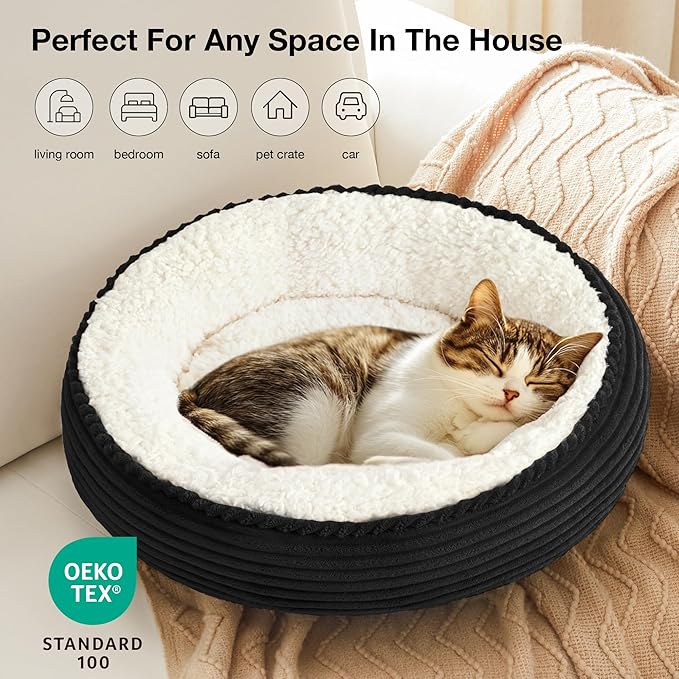 Love's cabin Round Donut Cat and Dog Cushion Bed, 20in Pet Bed for Cats or Small Dogs, Anti-Slip & Water-Resistant Bottom, Super Soft Durable Fabric Pet beds, Washable Luxury Bed Black Stripe