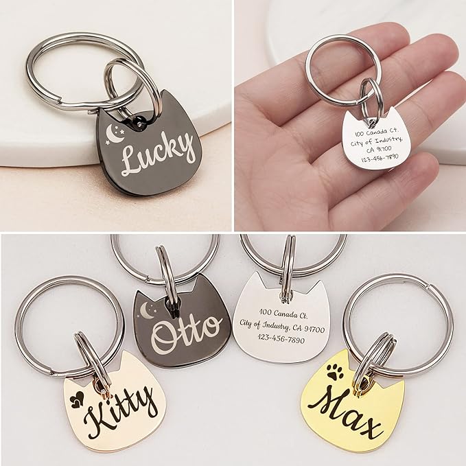 Anavia Small Size Dog Cat ID Tags, Small/XS Personalized Color Plated Stainless Steel Puppy Kitten Name Tags, Customized Engraved Nameplate Pet Collar Tag (Rose Gold, Cat Head)