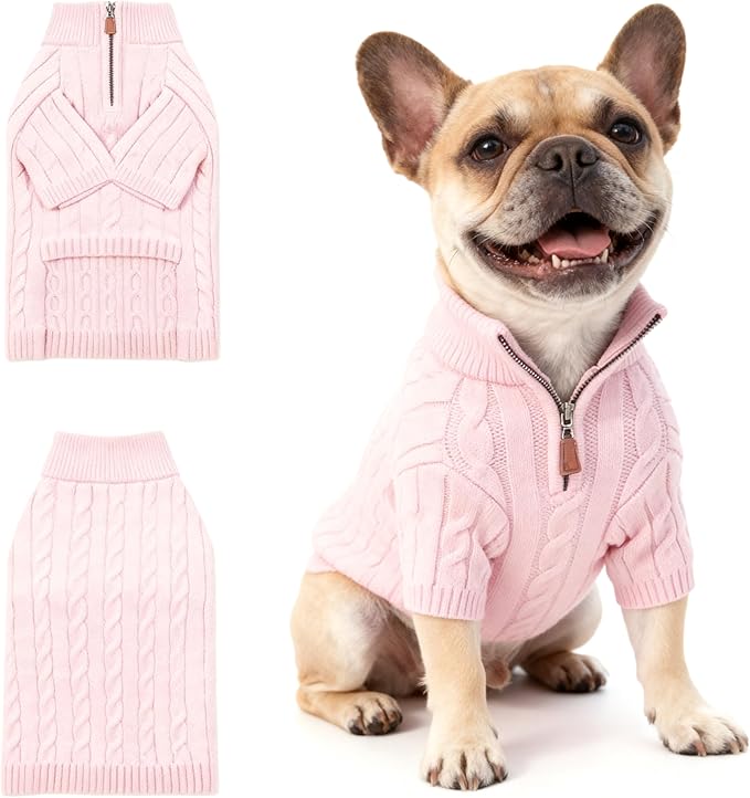 Small/Medium Dog Sweater, Warm Dog Winter Coat w/Sleeves, Comfortable High Neck Premium Dog Clothes for Bulldog-Best for Holidays, Daily Walks L Pink