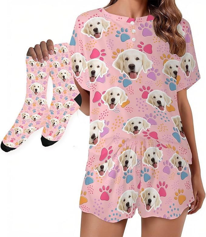 D-Story Custom Short Pajama Set with Pet Face Personalized Photo Sleepwear 2 Pieces Pjs Nightwear Xmas Gift for Women