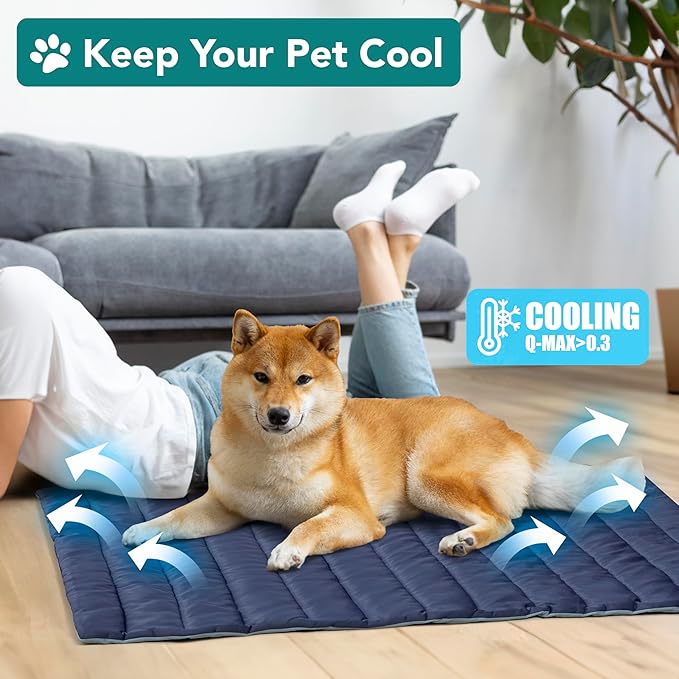 PetAmi Cooling Mat for Dog, Premium Pet Cooling Blanket for Crate Kennel, Indoor Cat Cool Sleeping Pad, Q-MAX Cold Sofa Couch Cover for Summer, Navy/Dusty Blue, Large (40x60)
