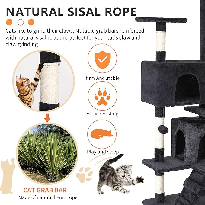 BestPet | 54" Cat Tree Tower | Dark Gray | Sturdy, Easy to Assemble, Multi-Level Activity Center with Sisal Scratching Posts, Condos, Perches, Hanging Cat Toys, Observation Decks & Ladder