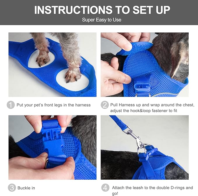 Fida Comfy Dog Harness with Leash, Soft Puppy Vest Escape Proof, Breathable Lightweight Soft Mesh, Adjustable Reflective Step-in Harness for Small Pet Walking (S, Blue)
