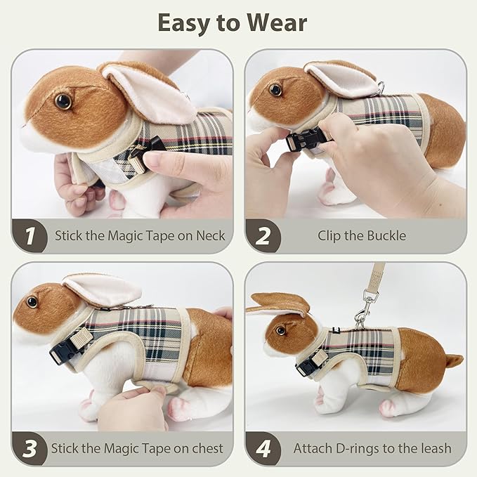 AIITLE Adjustable Bunny Harness & Leash Set - Soft Mesh Liner, Comfort Fit Plaid Pattern Vest with Magic Tape Design, Portable for Small Animal Pets Puppy Cat Rat Squirrel Ferret, Beige L