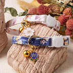 2 Pack Cotton Breakaway Cat Collar White and Blue Flowers Pendant Cute Kitten Cat Collar with Bell