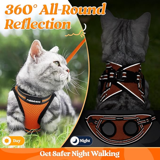 rabbitgoo Cat Harness and Leash Set for Walking Escape Proof, Adjustable Soft Kittens Vest with Reflective Strip for Cats, Comfortable Outdoor Vest,Light Orange,M