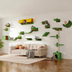 Cat Wall Shelves, Wall Mounted Pet Shelf Furniture w/Plush Fabric(20 Piece Set), 63''H Cat Tower w/Scratching Posts, Cats Furniture with 40''L Tunnel, Condos, House, Steps and Ladder, Green