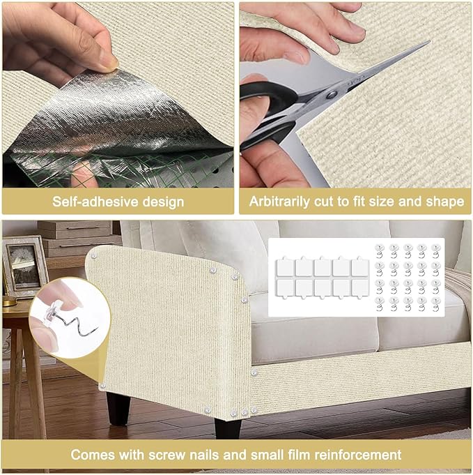 Cat Scratching Mat, 118.5"x15.9" Trimmable Self-Adhesive Cat Scratch Carpet,Couch Protector from Cats Claw, Furniture Corner Protectors for Cats,Indoor Furniture Protection for Chair,Wall,Sofa(White)