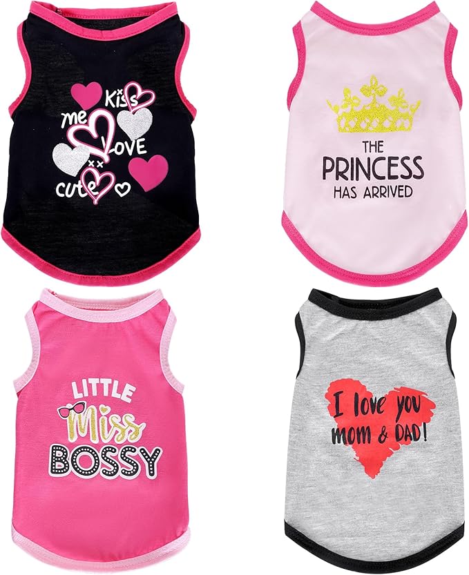 4 Pack Dog Shirts Summer Printed Puppy Clothes Cute Sleeveless Pet T Shirts Dog Clothes for Small Medium Dogs Cats Girl(S)