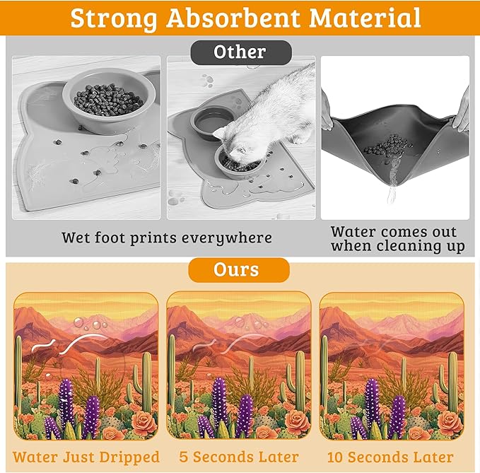 Pet Feeding Mat,Cactus Absorbent Dog Cat Food Mat Desert Dog Mat with Rubber Backing,Non-Slip Water Bowl Placemat,Pet Supplies 12" x 20"