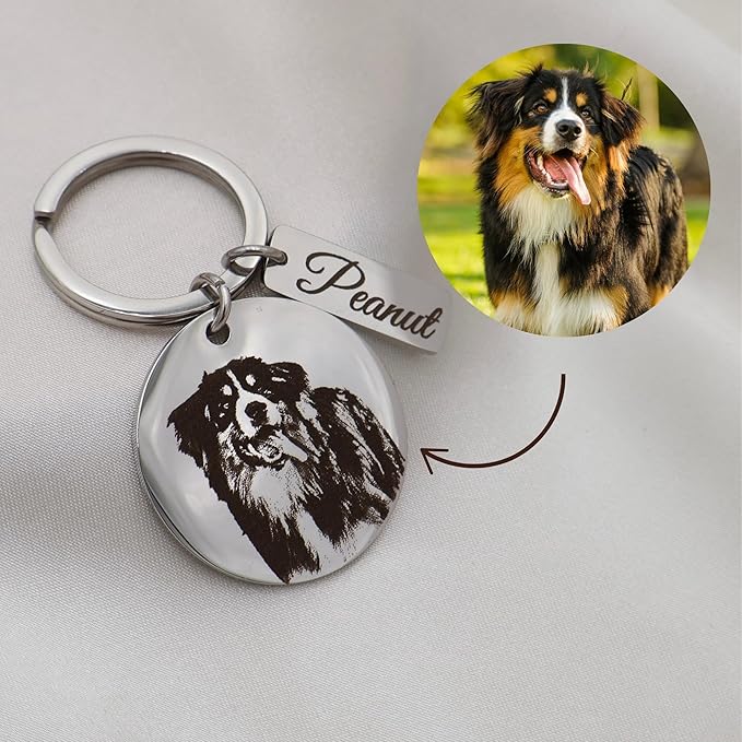 Personalized Pet Photo Engraved Keychain – Custom Dog or Cat Portrait Keepsake – Stainless Steel Pet Memorial Gift for Pet Lovers – Meaningful Remembrance or Holiday Stocking Stuffer
