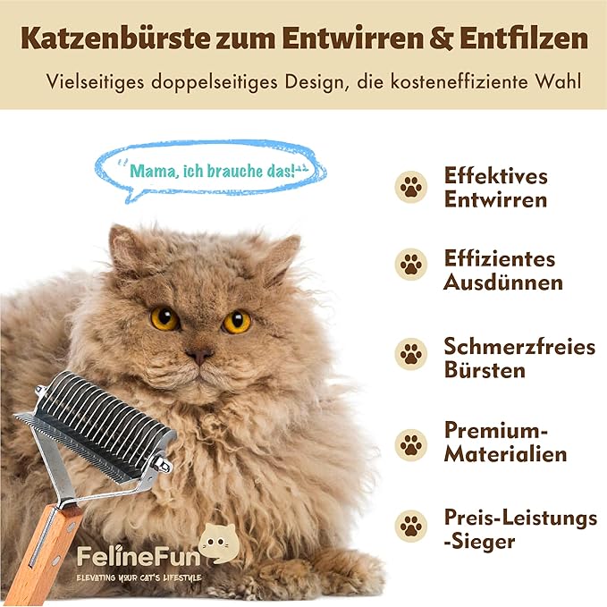 FelineFun Cat Brush for Dematting & Deshedding, 2 in 1 Undercoat Rake, Efficiently Remove Loose Hair & Matted Fur, Professional Shedding Comb for Indoor Cats & Long Haired Cats