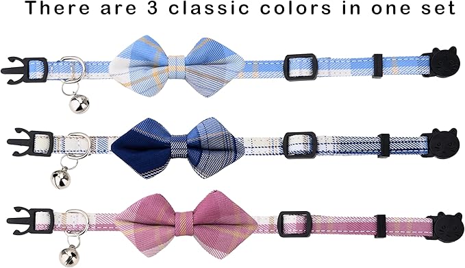 Cat Collar 3pcs Set Classical Plaid Tartan Grid Pattern Detachable Bowtie & Bell Safety Breakaway for Cats Kittens Pink Blue Navy