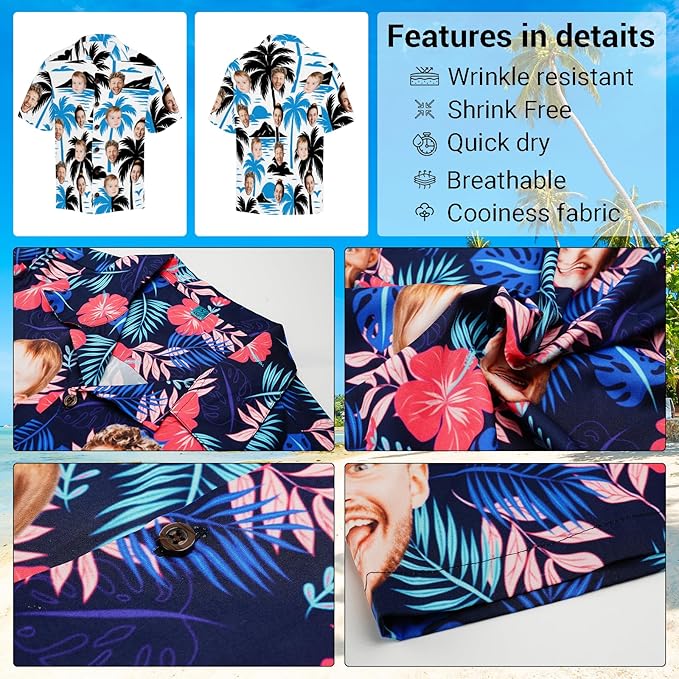 Custom Hawaiian Shirt with Face for Men, Unisex Tropical Beach Shirts Personalized Casual Funny Hawaii Button Down Shirts
