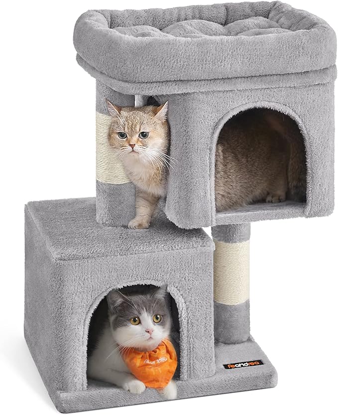 Feandrea Cat Tree, 26.4-Inch Cat Tower, Plush Condo for Kittens up to 7 lb, Large Perch, 2 Caves, Scratching Post, Light Gray UPCT611W01