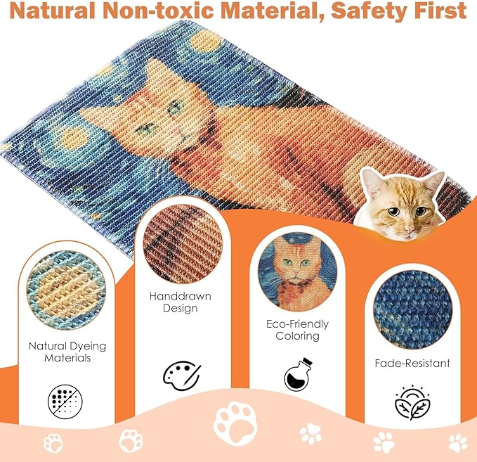 3-in-1 Sisal Cat Scratch Mat 23.6x15.7'' Floor & Wall Cat Scratcher Pad, Protects Carpet Couch & Furniture with Sticker Tape, Anti-Slip, Durable for Indoor Outdoor Cats (Ginger Cat Under The Stars)