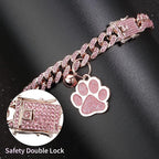 Hillban Cat Collar Diamond Chain Glitter Collar Walking Metal with Secure Buckle Cat Pet Necklace with Paw Charm and ID Tag Bell Link Cuban Jewelry Accessories Gift(10 Inch,Rose Gold, Pink)