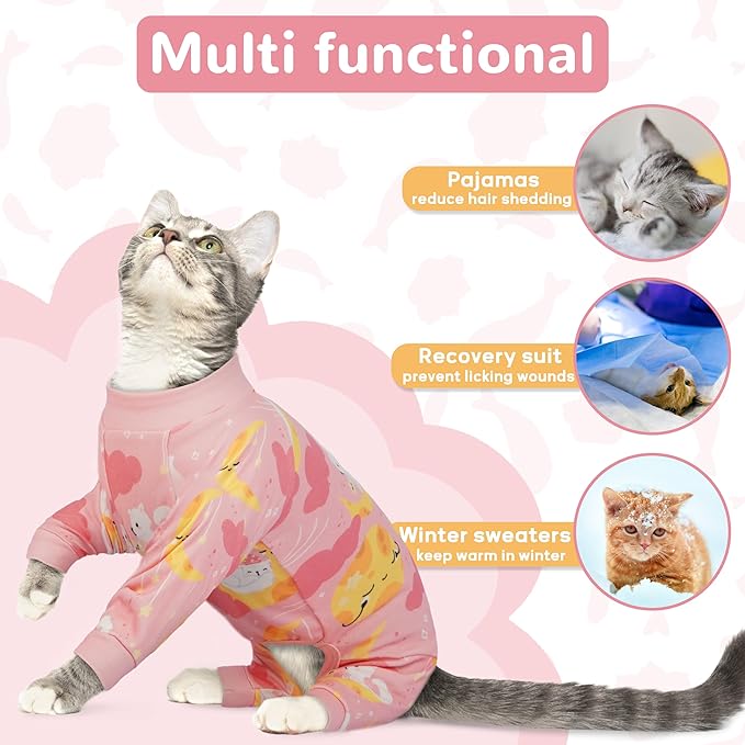 PUMYPOREITY Cat Hair Sticky Shirt – Breathable & Lightweight, Reduces Shedding Fur Pajamas, Prevents Licking Wounds After Surgery, Cat Sweaters - Soft & Machine Washable, Pink, L