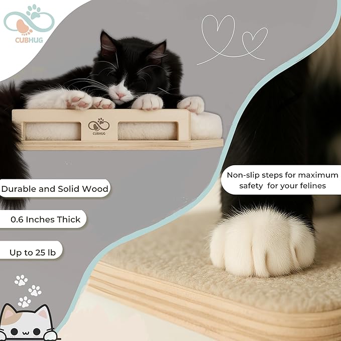 Cat Wall Shelves for Cats & Kitten – Solid Wood Cozy Corner Bed + Cushion with 2 Washable Covers +3 Wooden Steps, Safe Haven for Indoor Cats, Cat Shelves for Wall, Wood Color